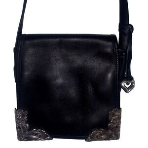 Brighton Black Leather Crossbody Saddle Bag Silver Accent Heart Charm Small‎